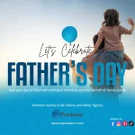 Let's celebrate Father's Day message with an isolated light blue background daughter riding up over the head of the father