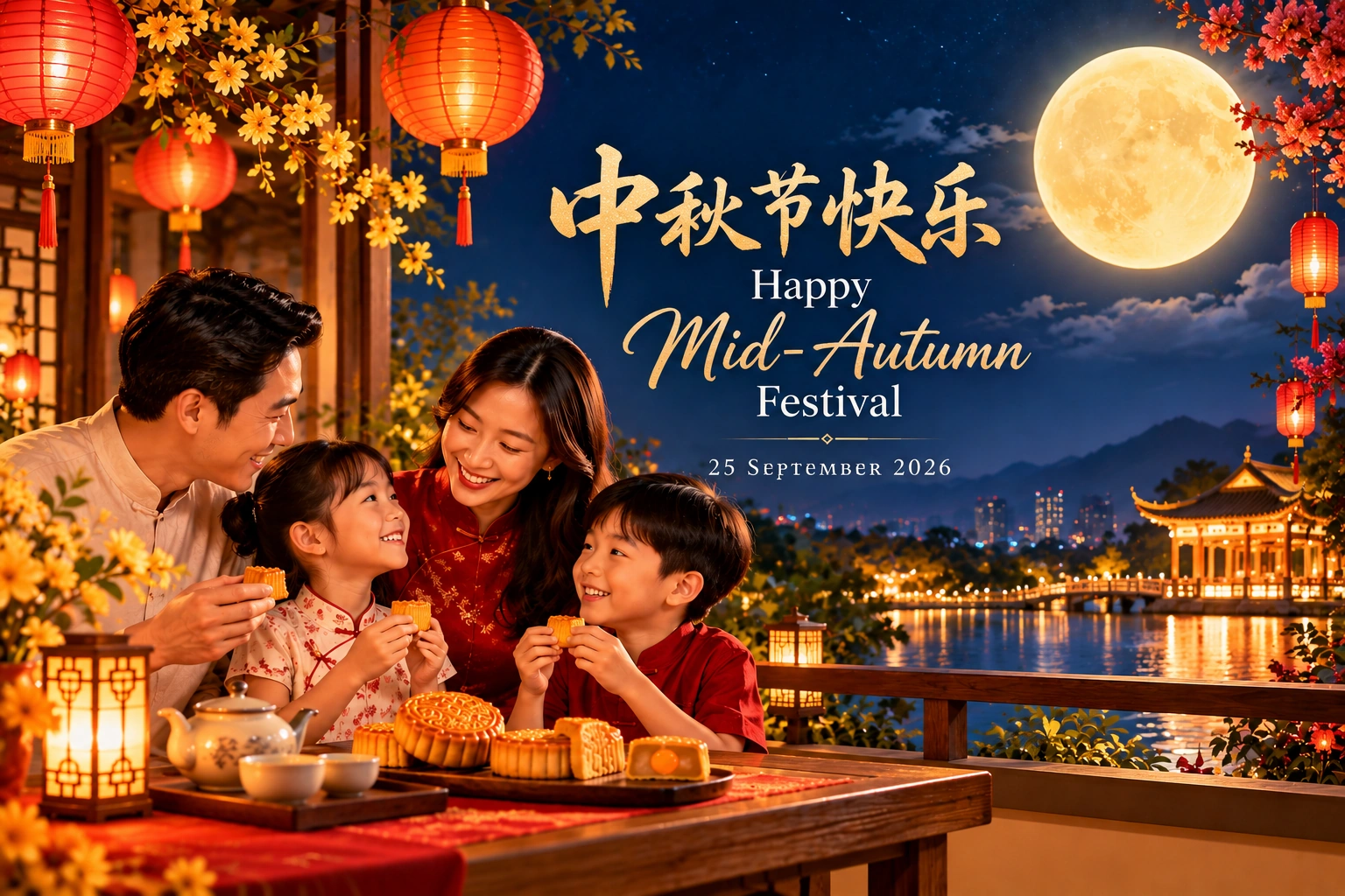 Mid-Autumn Festival 2026 family celebration with mooncakes and lanterns in Malaysia